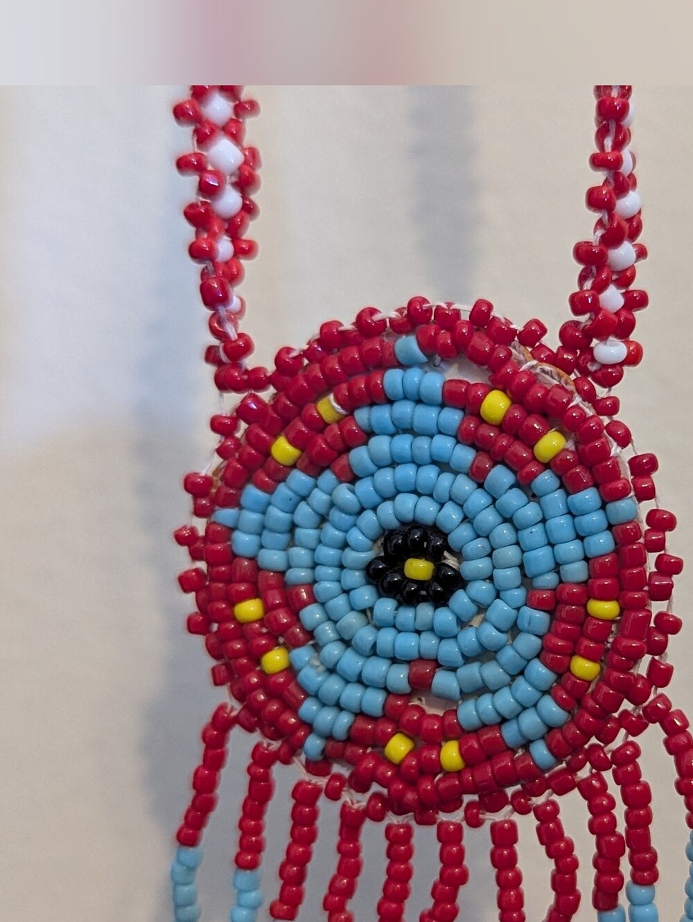 Handmade Beaded Rosette Medallion Necklace White Green Seed Bead Fringe Vintage